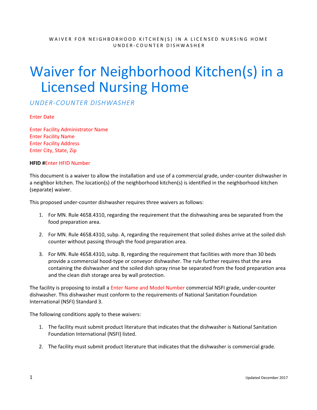 Waiver for Neighborhood Kitchen(S) in a Licensed Nursing Home - Limited Food Preparation