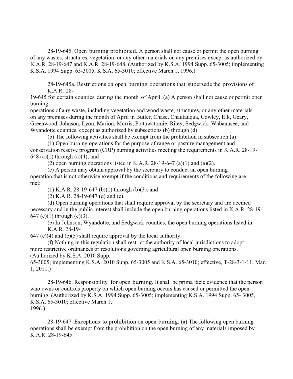 K.A.R. 28-19-645 Et Seq - Existing Rules Incl T-28-19-645A 030111