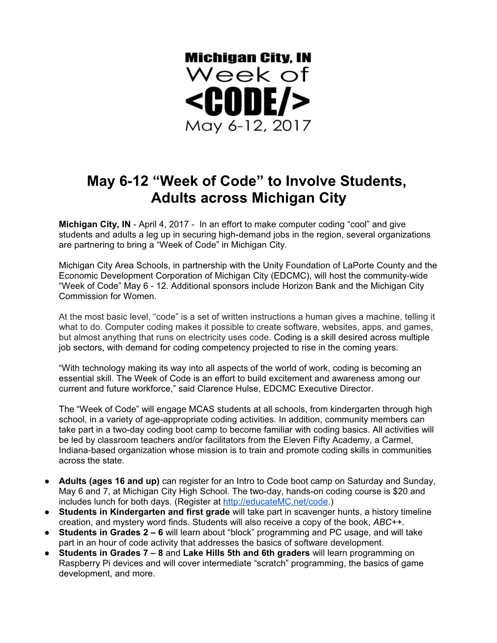 May 6-12 Week of Code to Involve Students