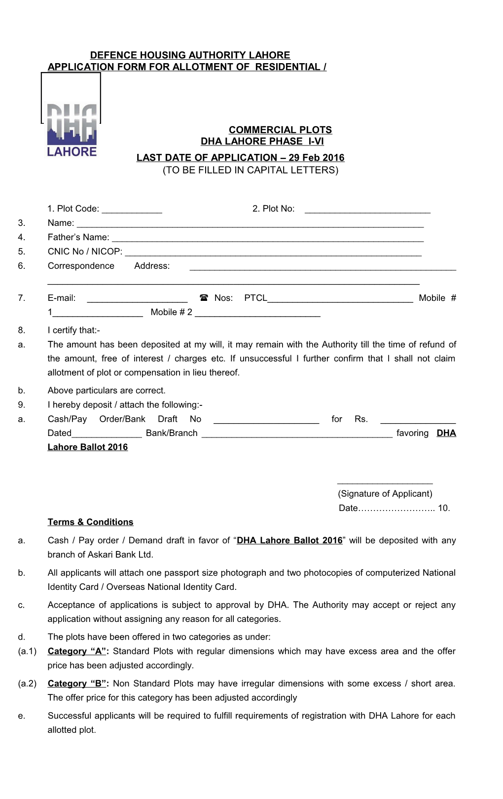 Application Form for Allotment of Residential