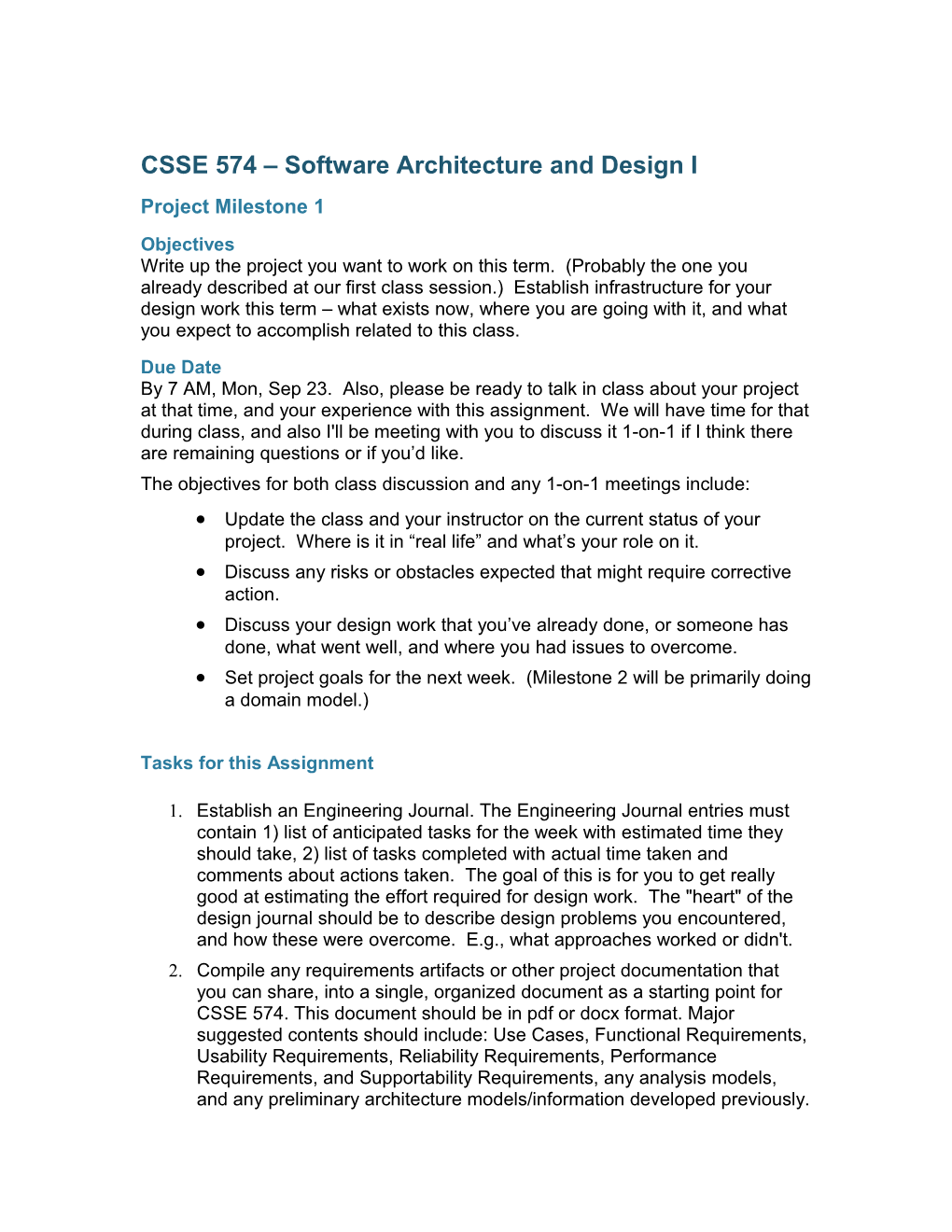 CSSE 574 Software Architecture and Design I
