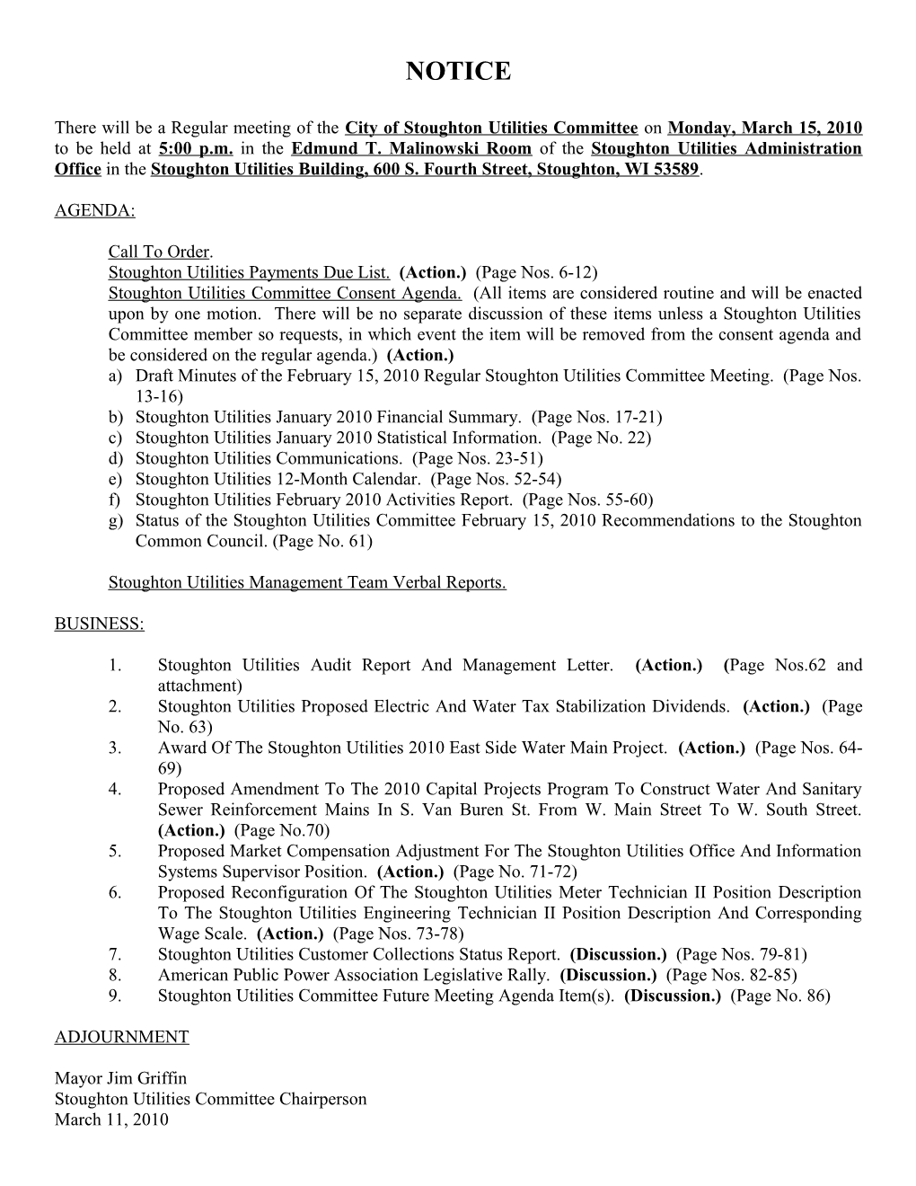 Stoughton Utilities Payments Due List. (Action.) (Page Nos.6-12)
