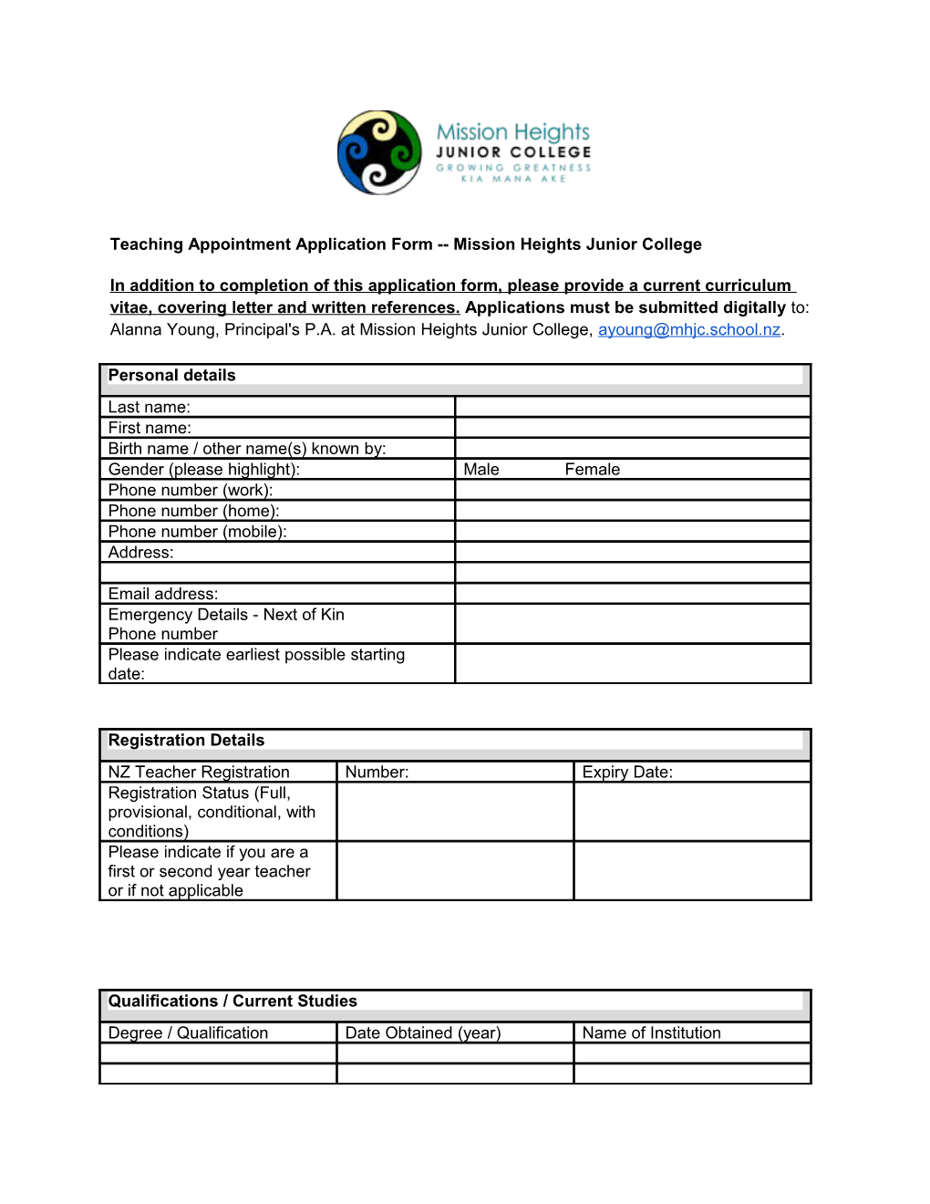 Teaching Appointment Application Form Mission Heights Junior College