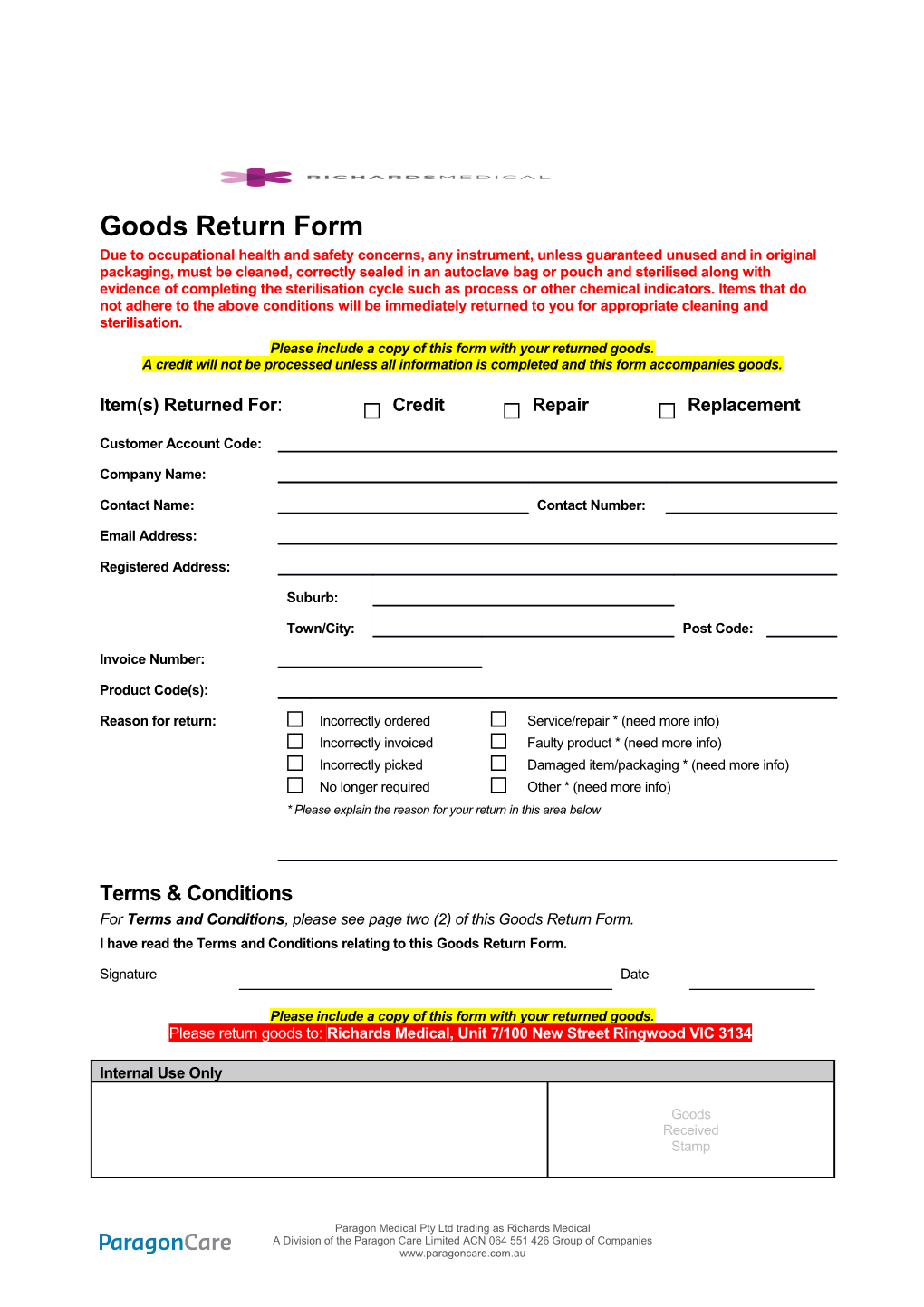 Please Include a Copy of This Form with Your Returned Goods