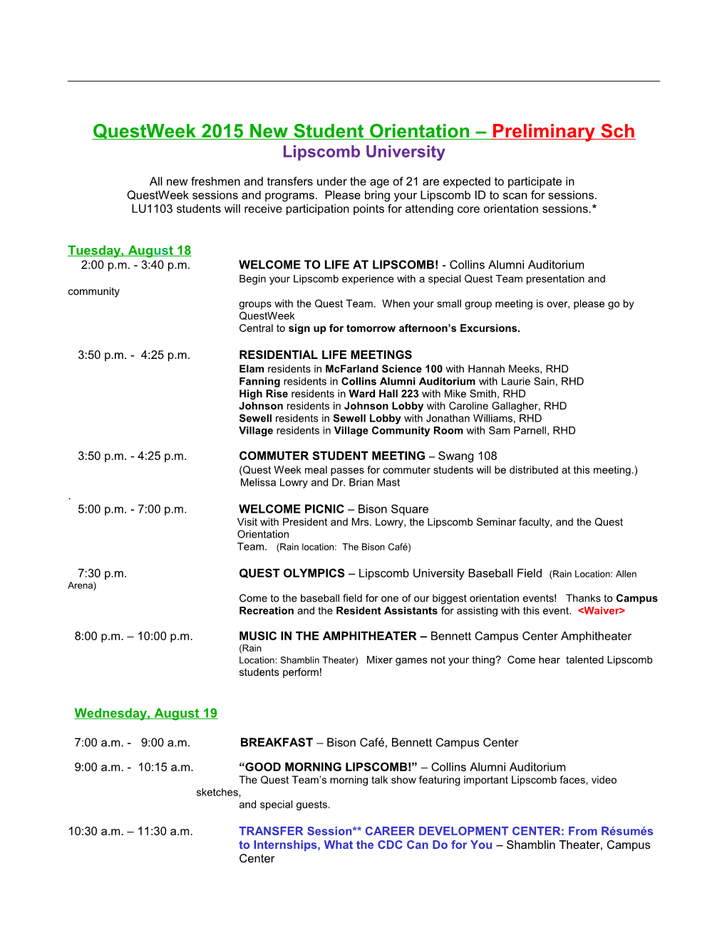 Questweek 2015 New Student Orientation Preliminary Sch
