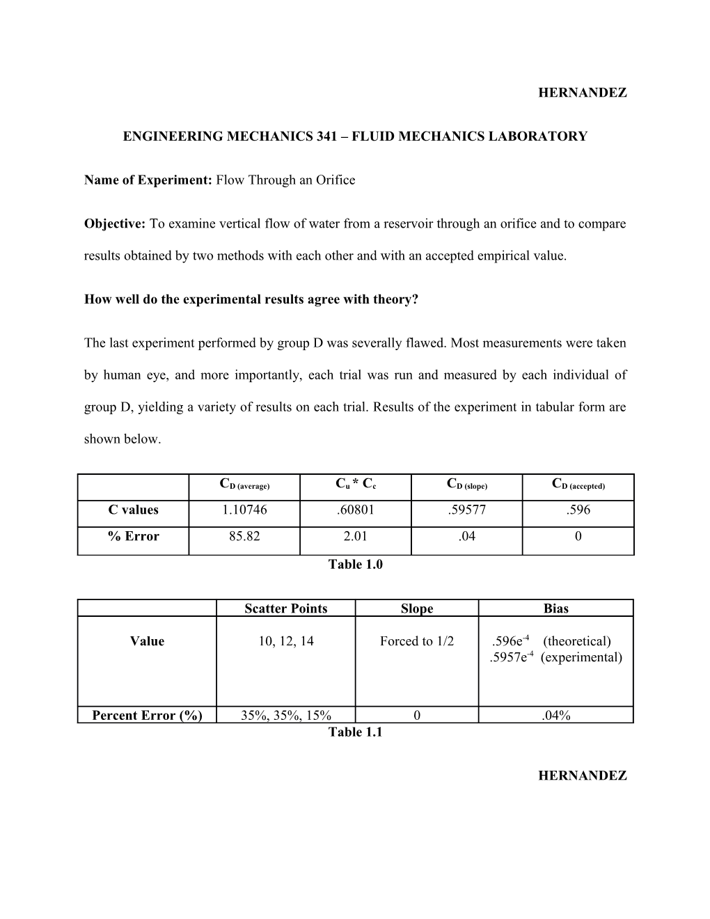 Engineering Mechanics 341 Fluid Mechanics Laboratory