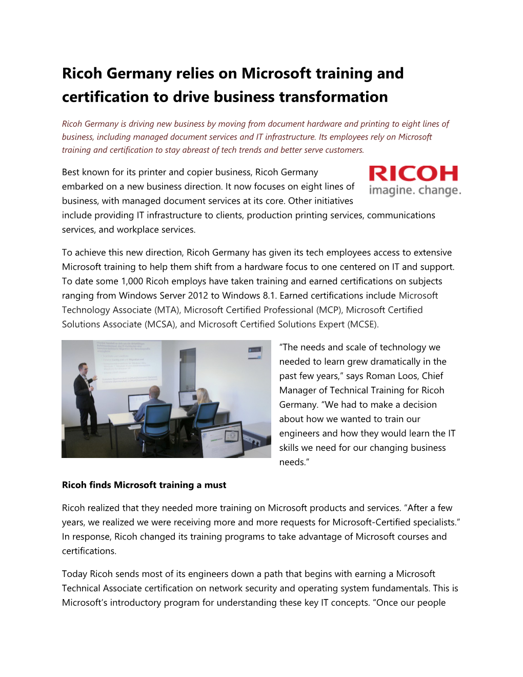 Ricoh Germany Relies on Microsoft Training and Certification to Drive Business Transformation