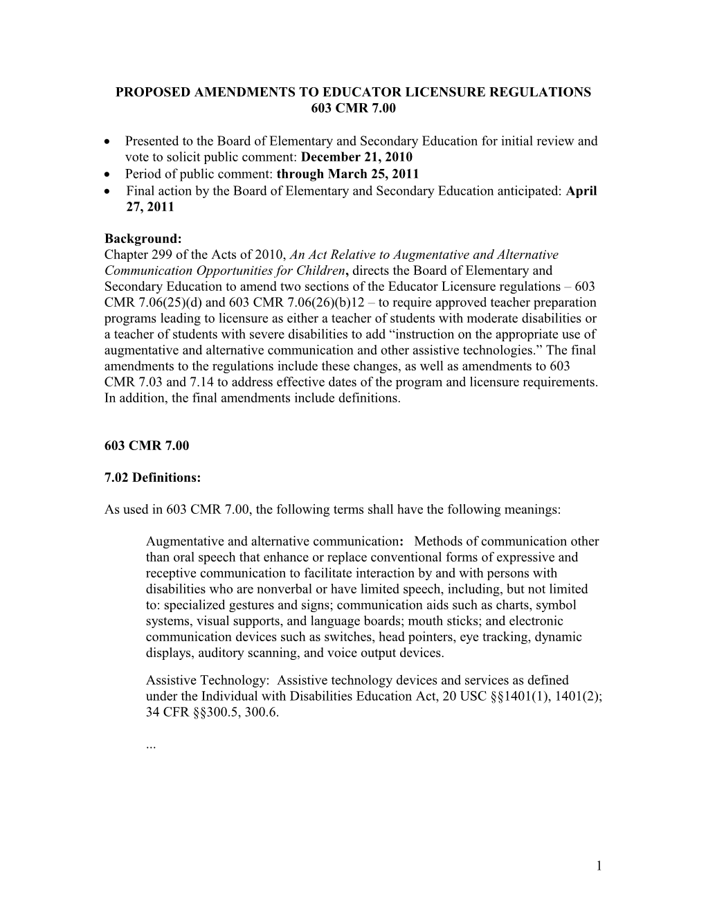 4/27/11 Board Agenda #2: Proposed Amendments to Educator Licensure Regulations 603 CMR