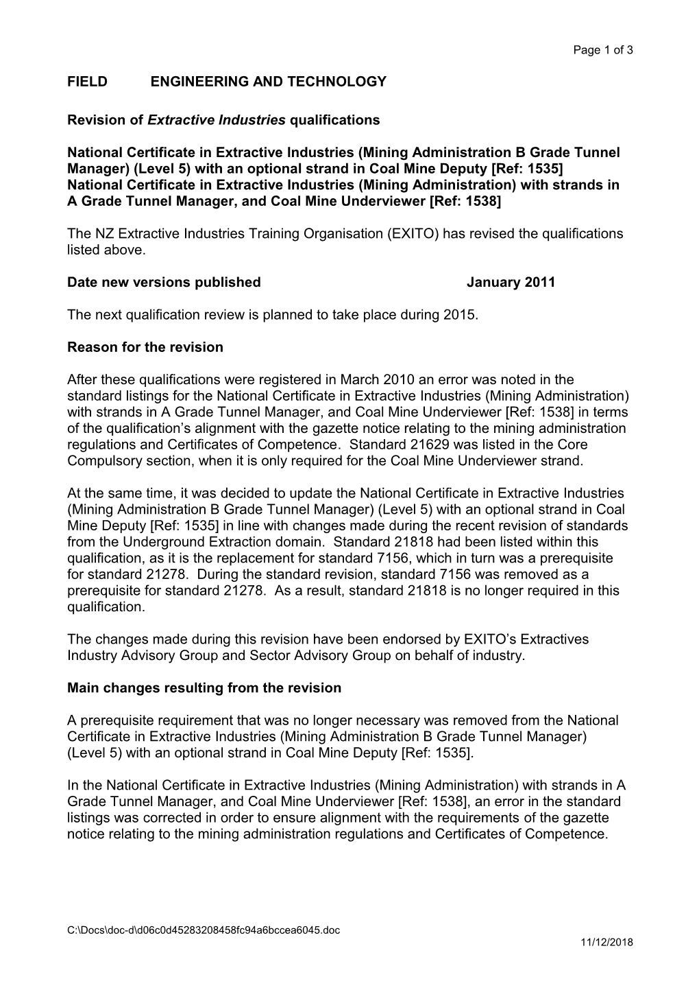 Revision of Extractive Industries Qualifications