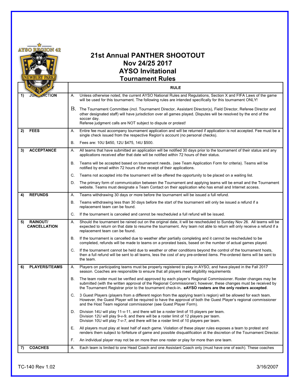 Unless Otherwise Noted, the Current AYSO National Rules and Regulations, Section X And