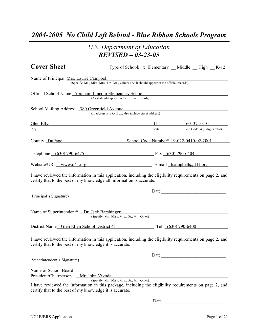 Abraham Lincoln Elementary School Application: 2004-2005, No Child Left Behind - Blue Ribbon