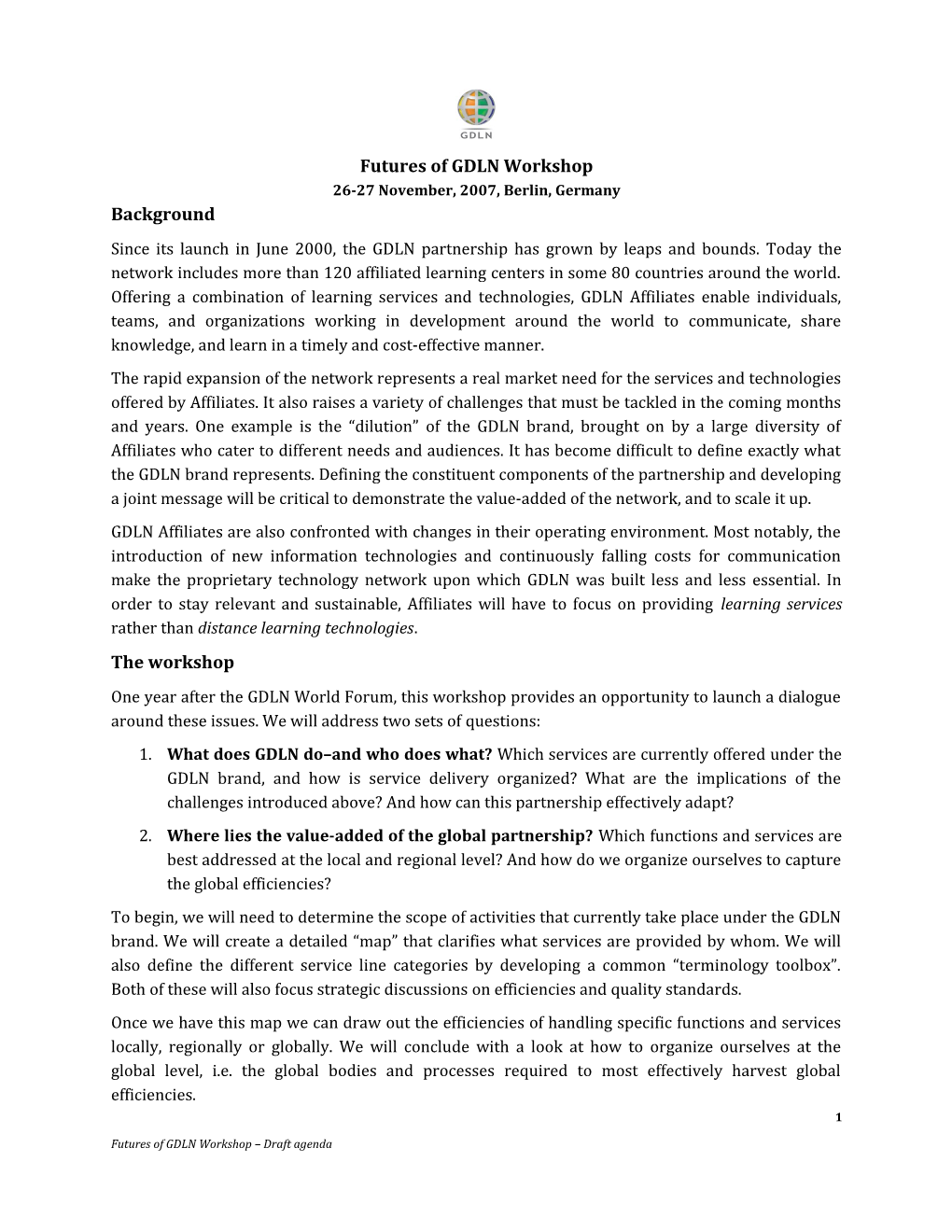 Draft Workshop Agenda for Dräger Foundation