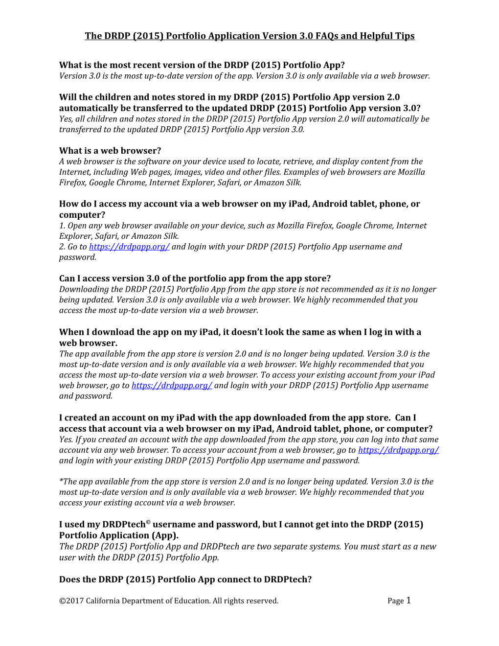 The DRDP (2015) Portfolio Application Version 3.0 Faqs and Helpful Tips