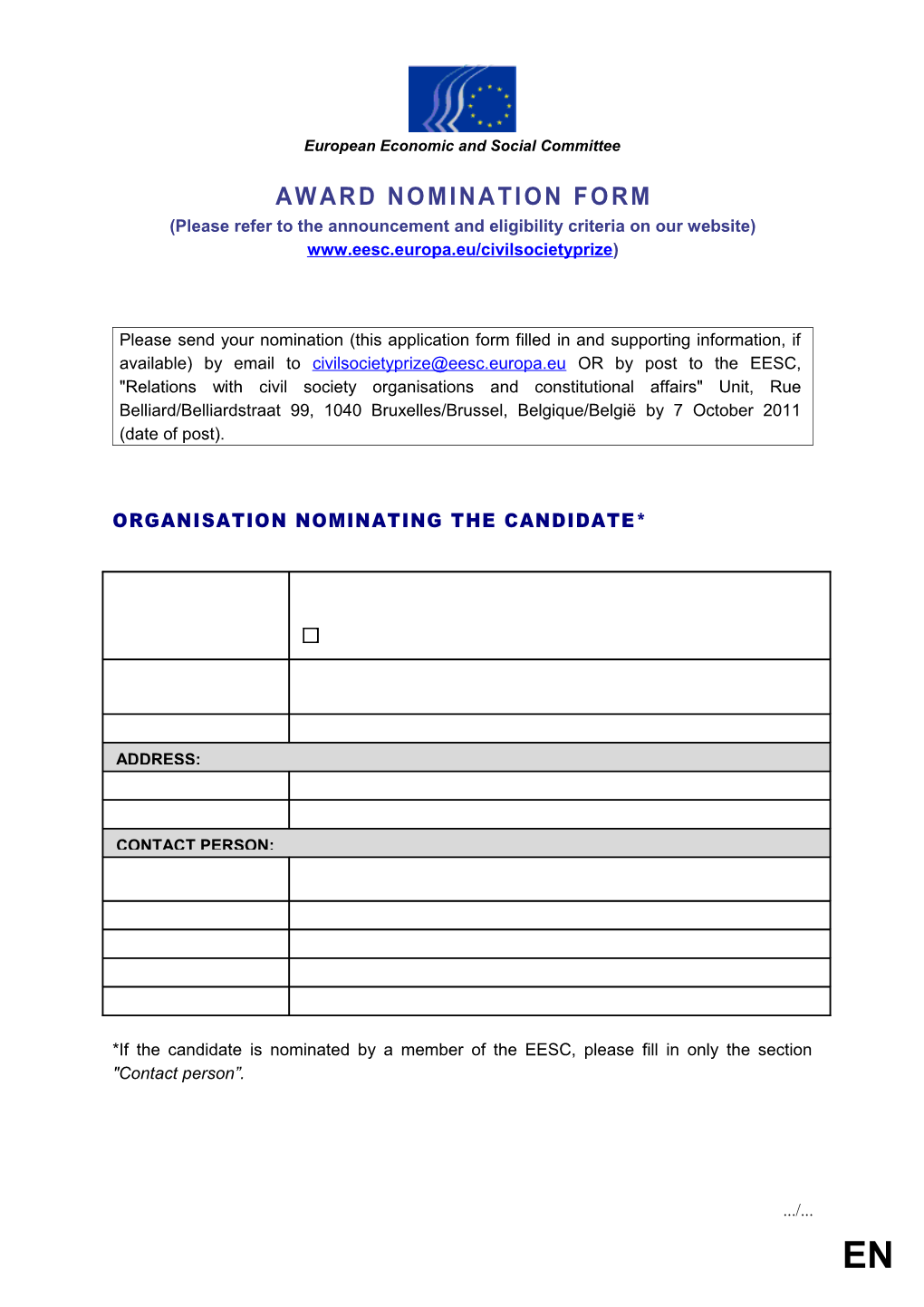 Civil Society Prize - AWARD NOMINATION FORM