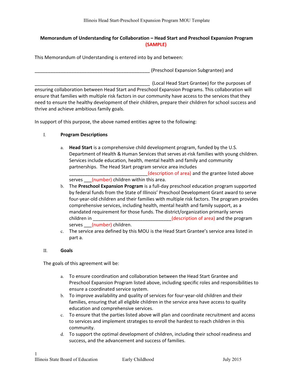 Memorandum of Understanding for Collaboration Head Start and Preschool Expansion Program