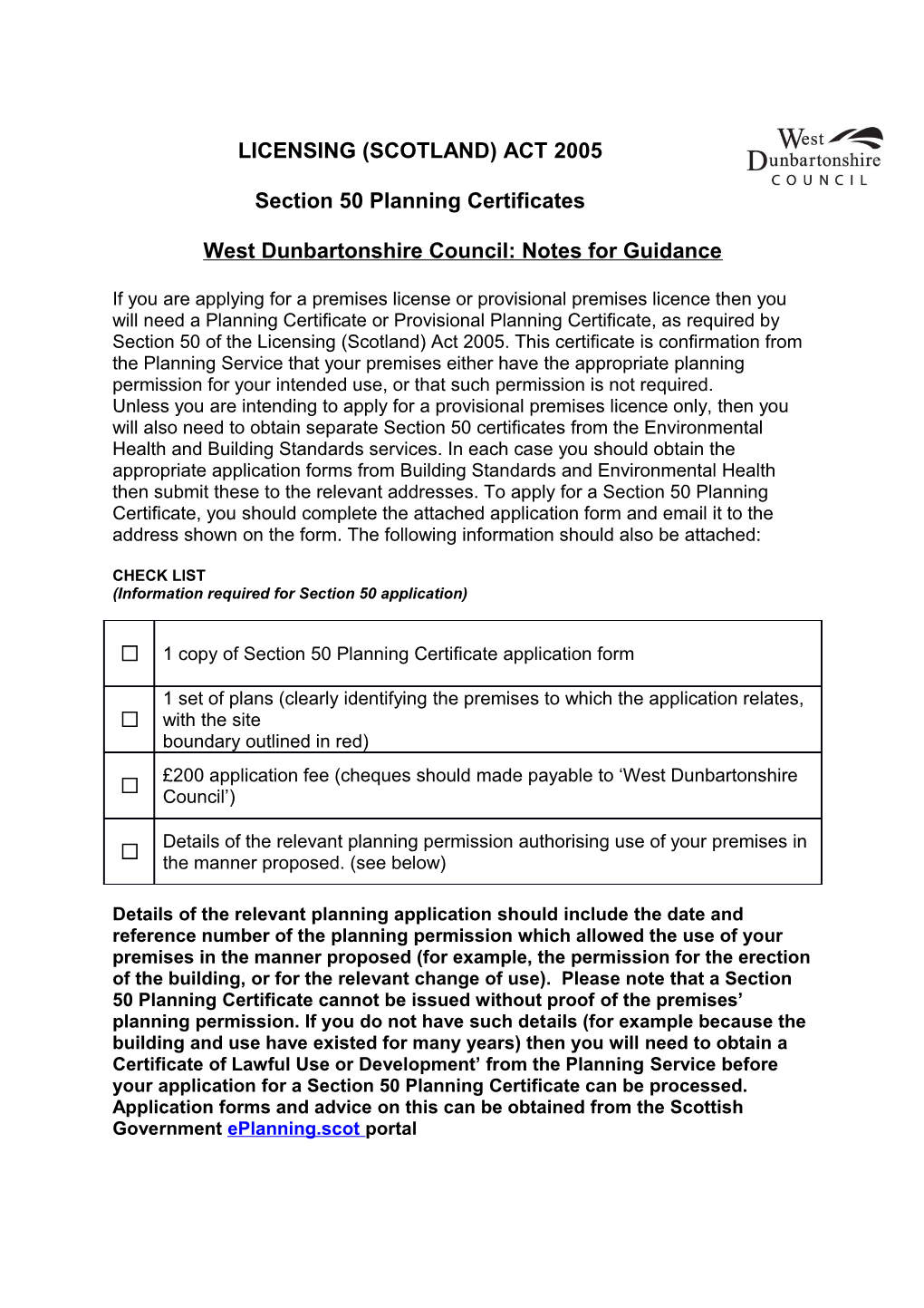 West Dunbartonshire Council: Notes for Guidance