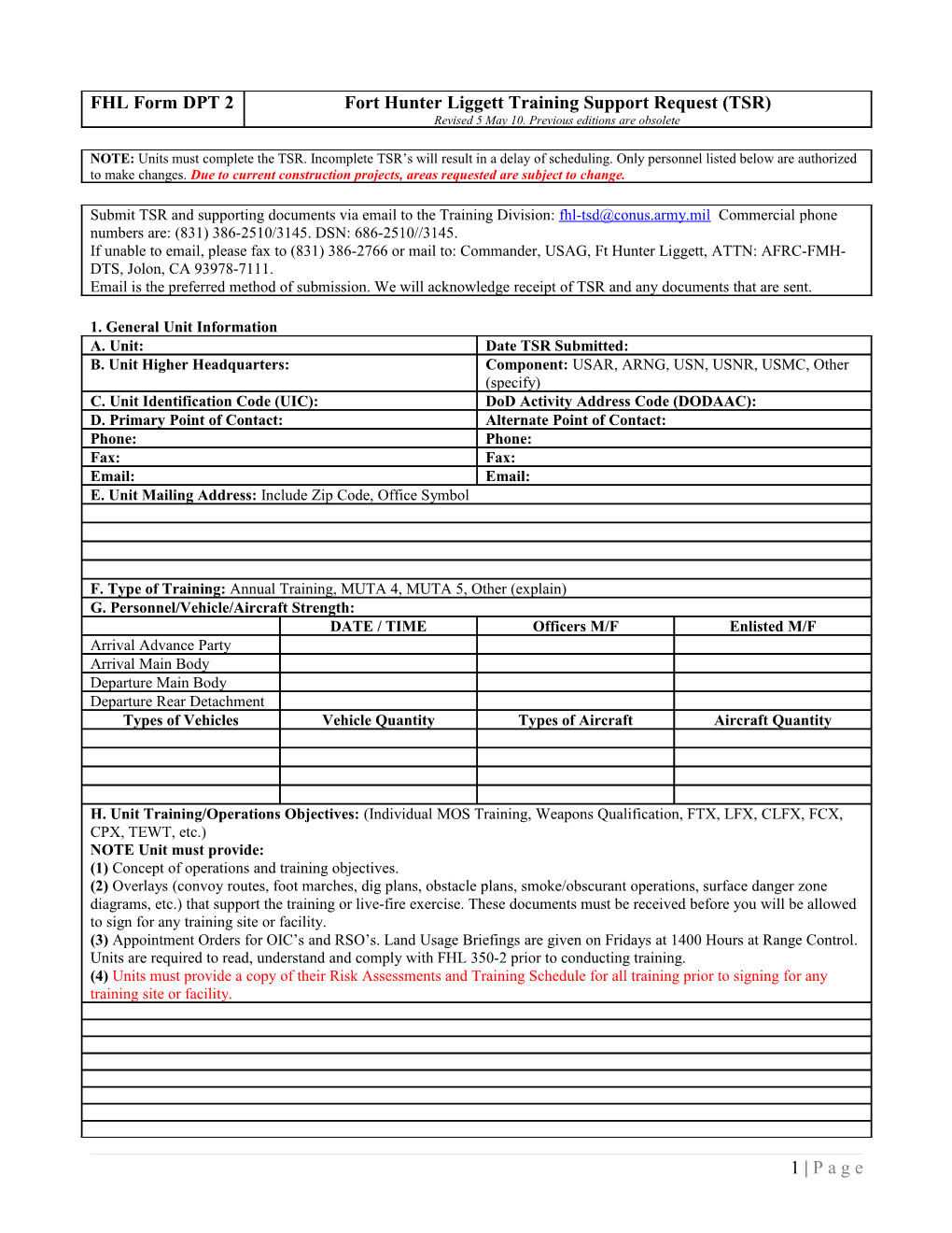 Fort Hunter Liggett Training Support Request (Tsr) Form