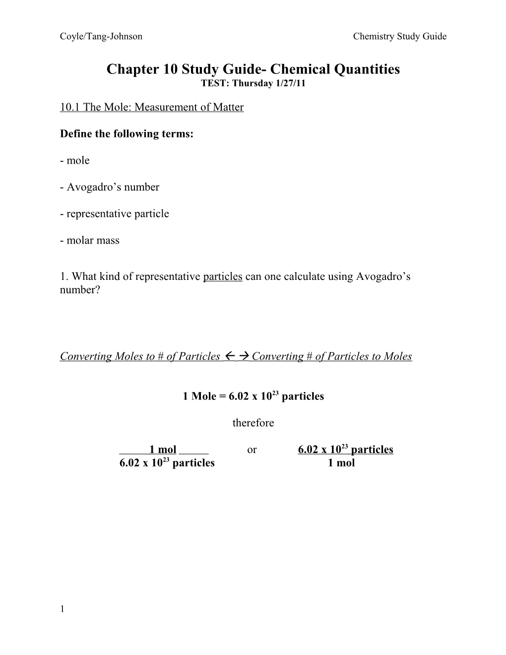 Chapter 10 Study Guide- Chemical Quantities