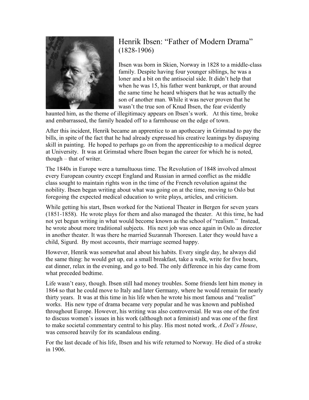Henrik Ibsen Father of Modern Drama