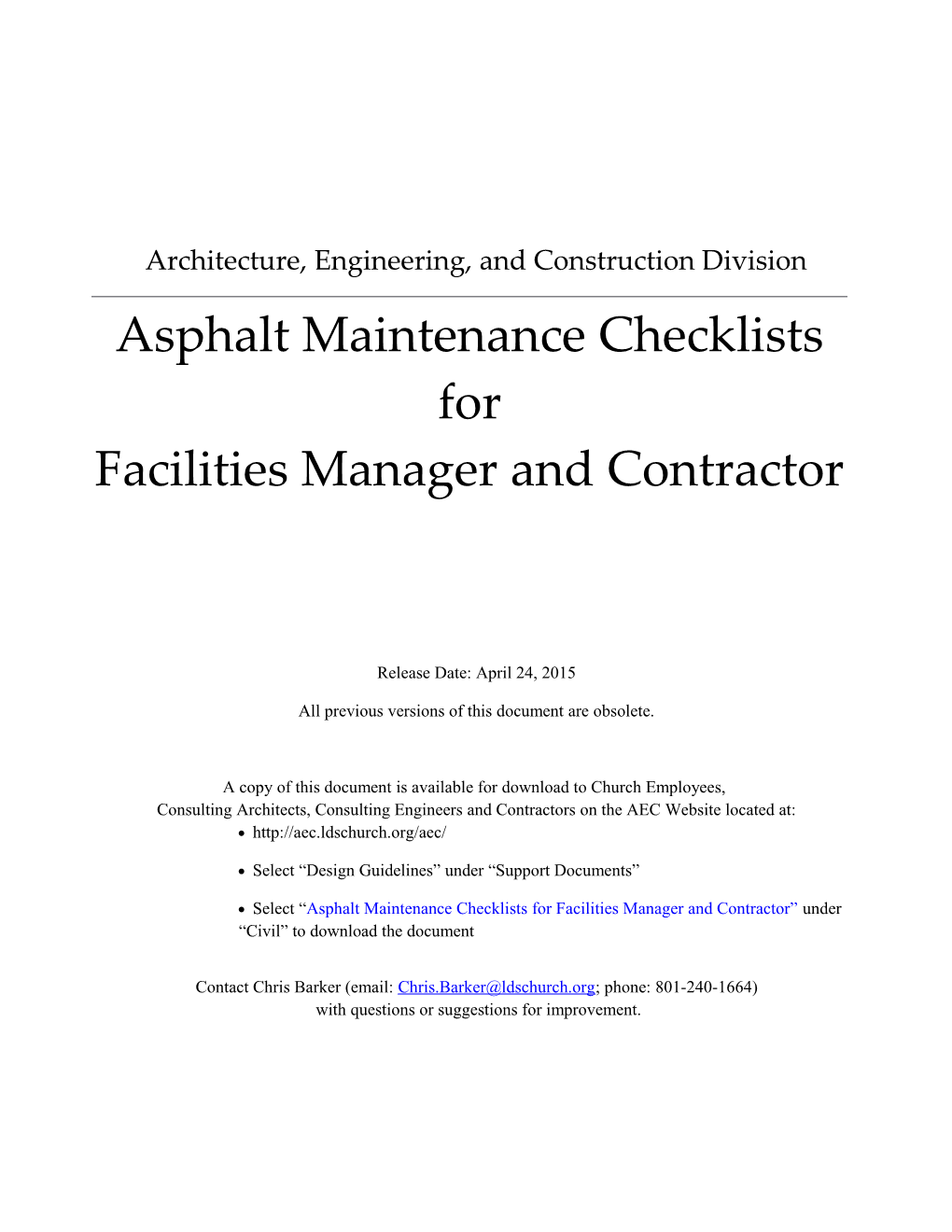 Asphalt Maintenance Checklists for Facilities Manager and Contractor