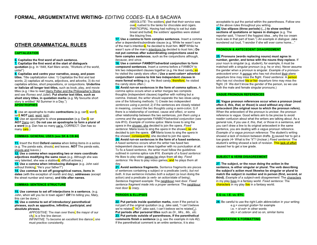 Formal, Argumentative Writing- Editing Codes- Ela 8 Sacawa