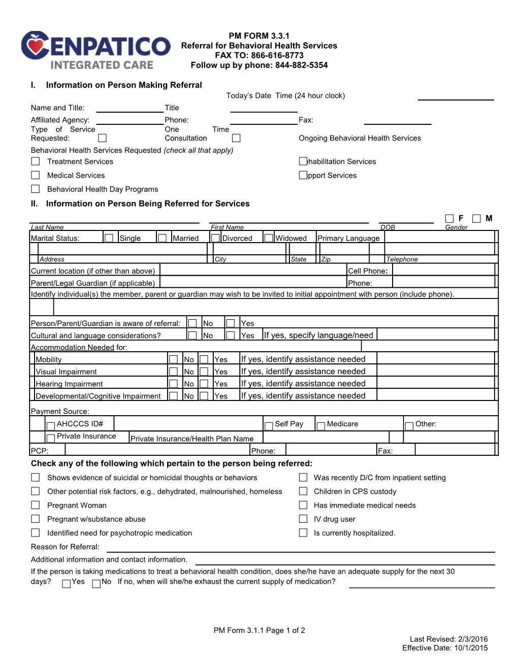 PM Form 3.3.1, Referral for Behavioral Health Services