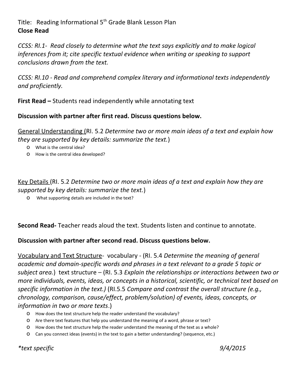 Title: Reading Informational 5Th Grade Blank Lesson Plan