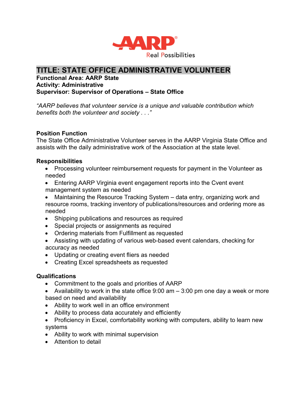 Title: State Office Administrative Volunteer