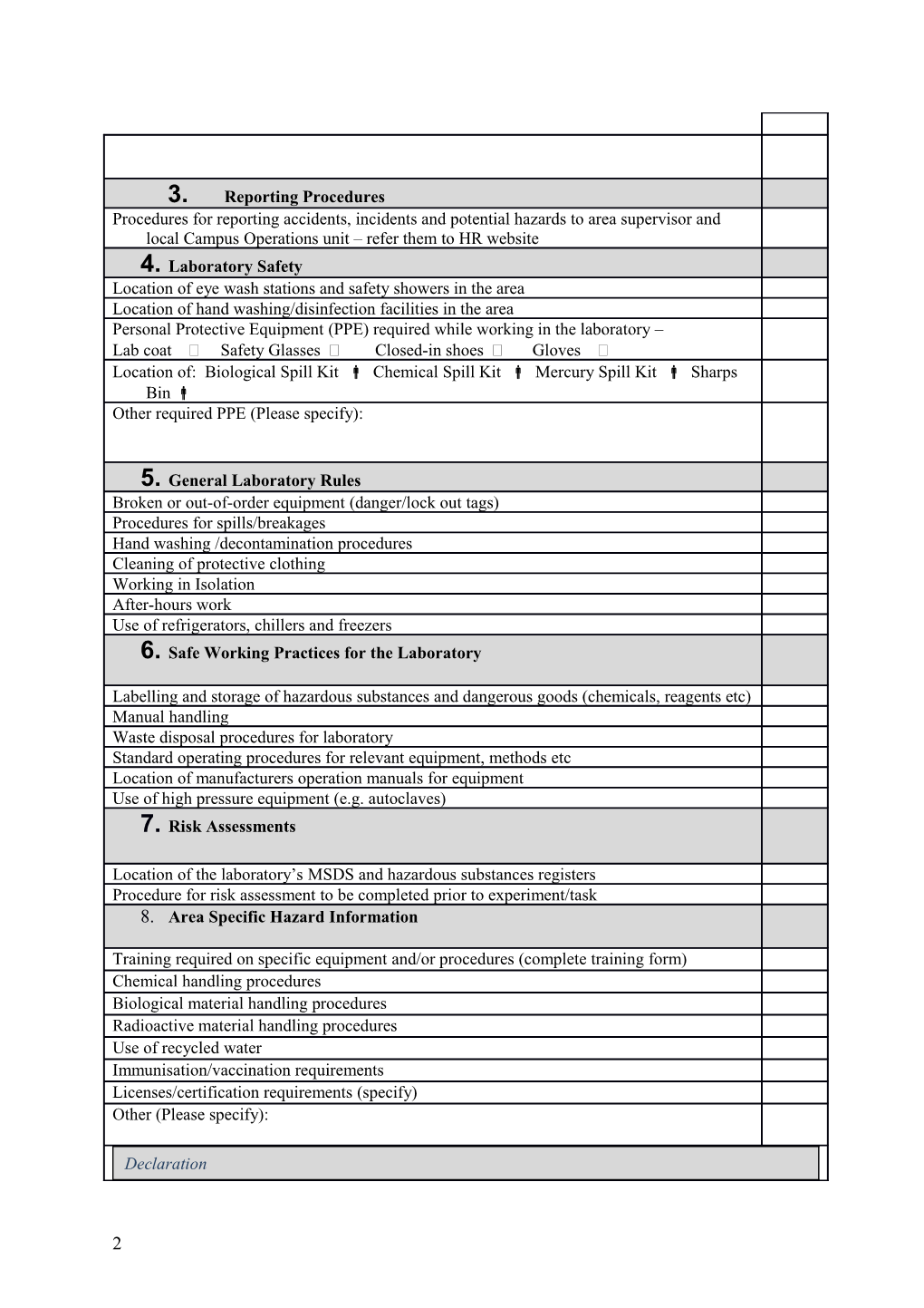 Laboratory Safety Induction Checklist