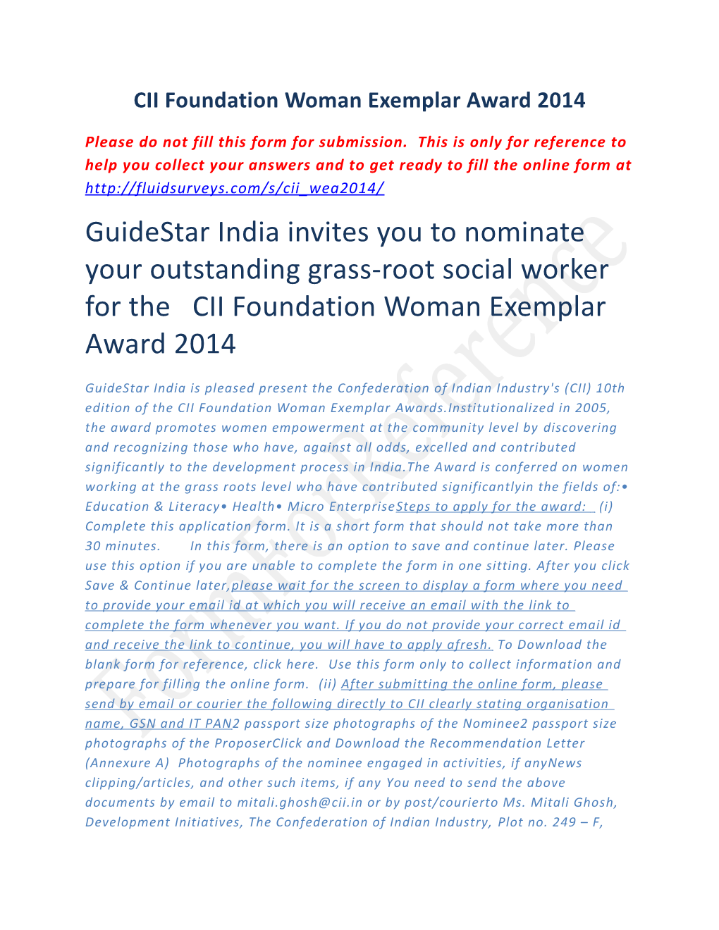 Invites You to Nominate Your Outstanding Grass-Root Social Worker for the CII Foundation
