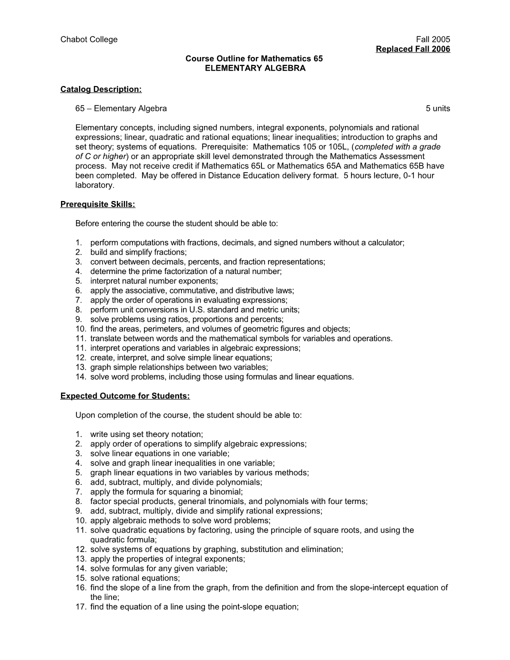 Course Outline for Mathematics 65, Page 1