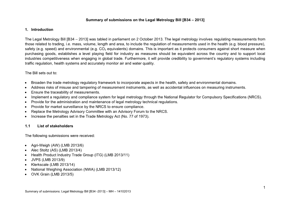Summary of Submissions on the Legal Metrology Bill B34 2013