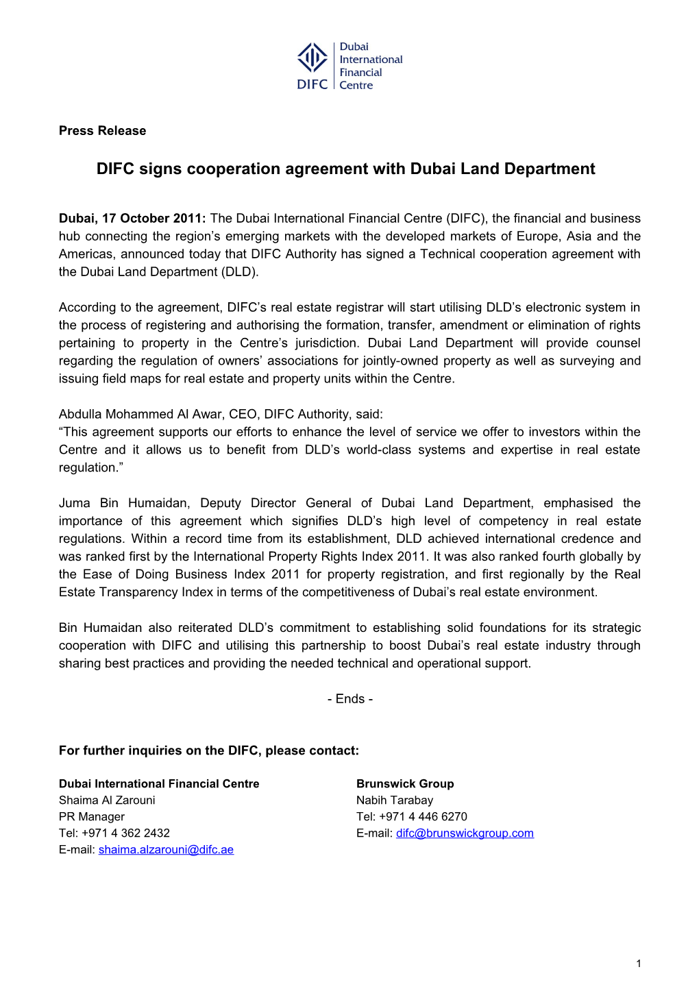 DIFC Signs Cooperation Agreement with Dubai Land Department