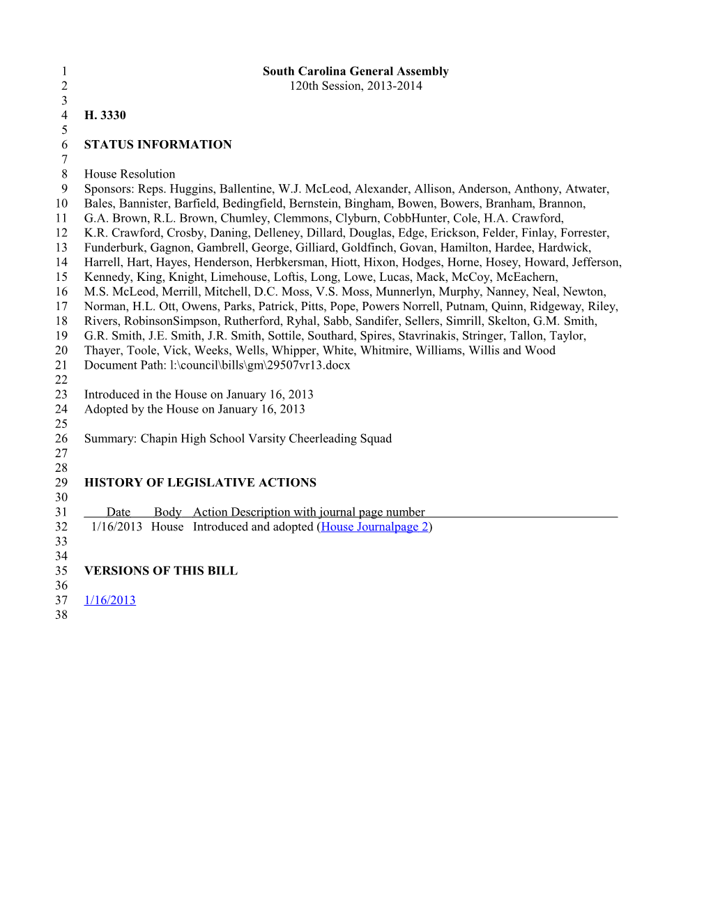 2013-2014 Bill 3330: Chapin High School Varsity Cheerleading Squad - South Carolina Legislature