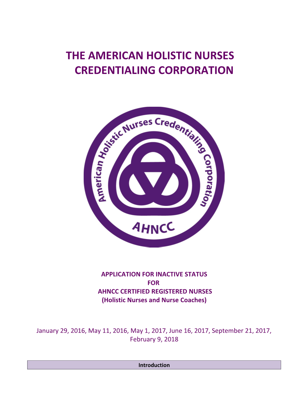 AHNCC Inactive Status Handbook Application Packet