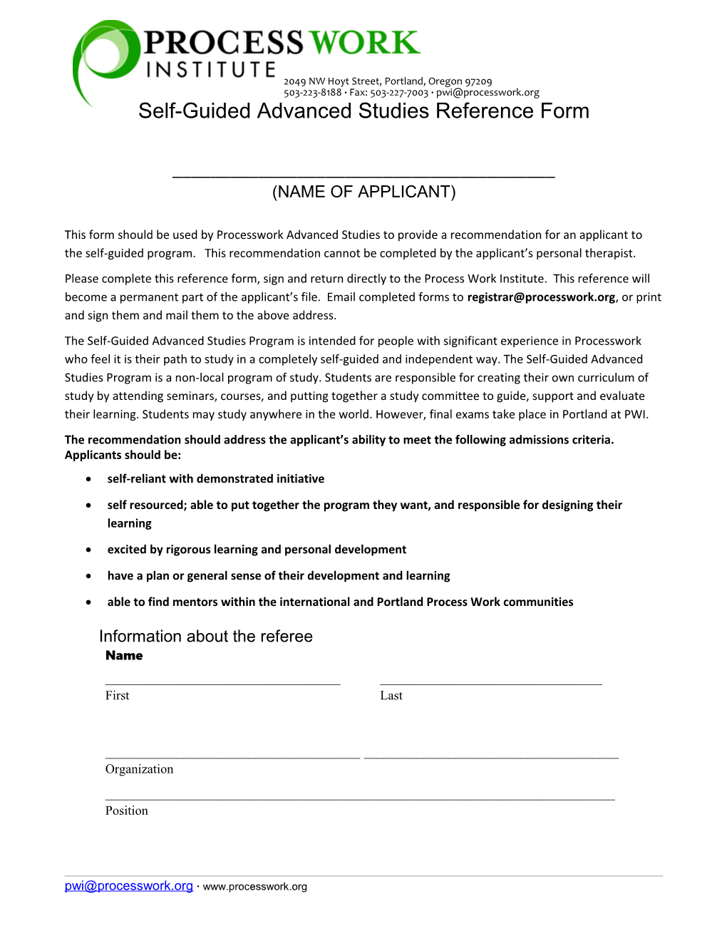 Self-Guided Advanced Studies Reference Form