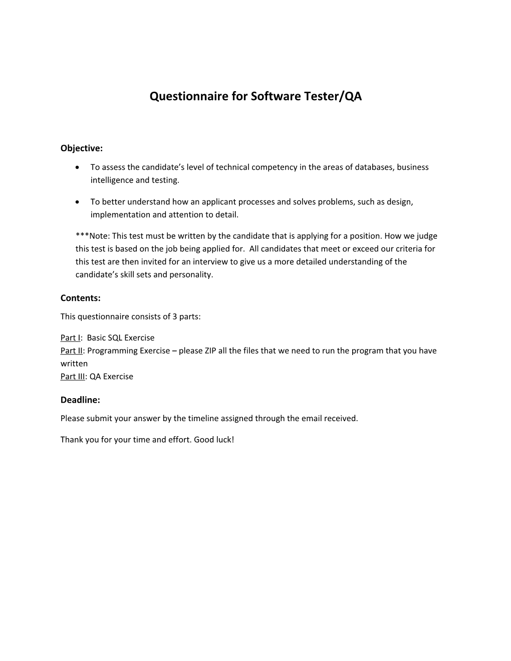 Questionnaire for Software Tester/QA