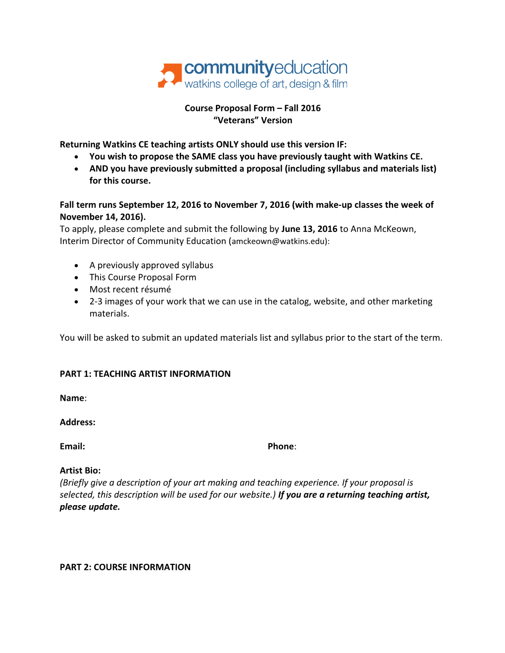 Course Proposal Form Fall 2016