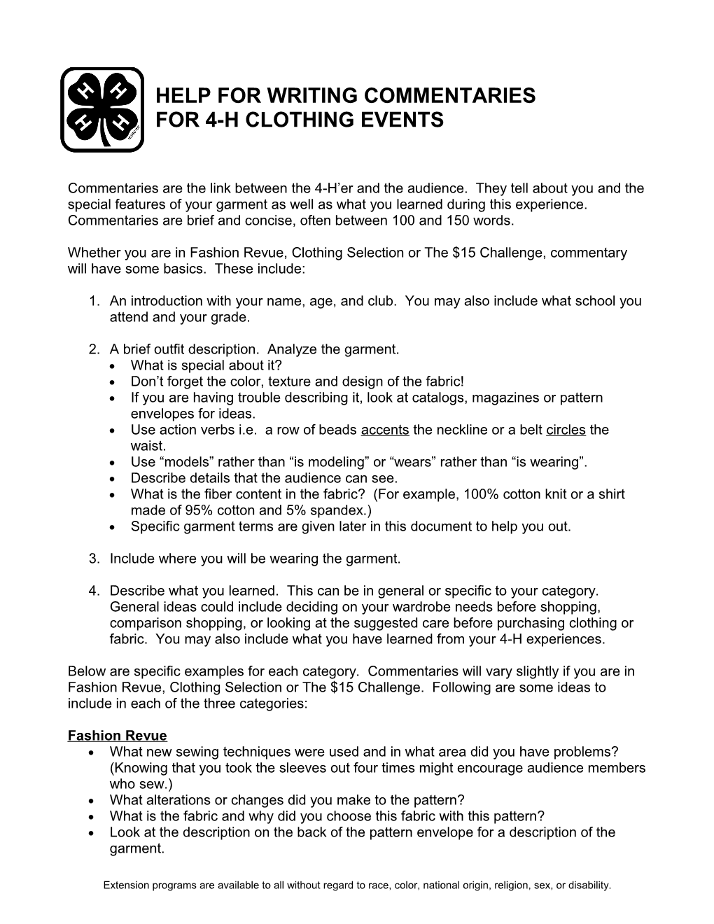 Help for Writing Commentaries for 4-H Clothing Events