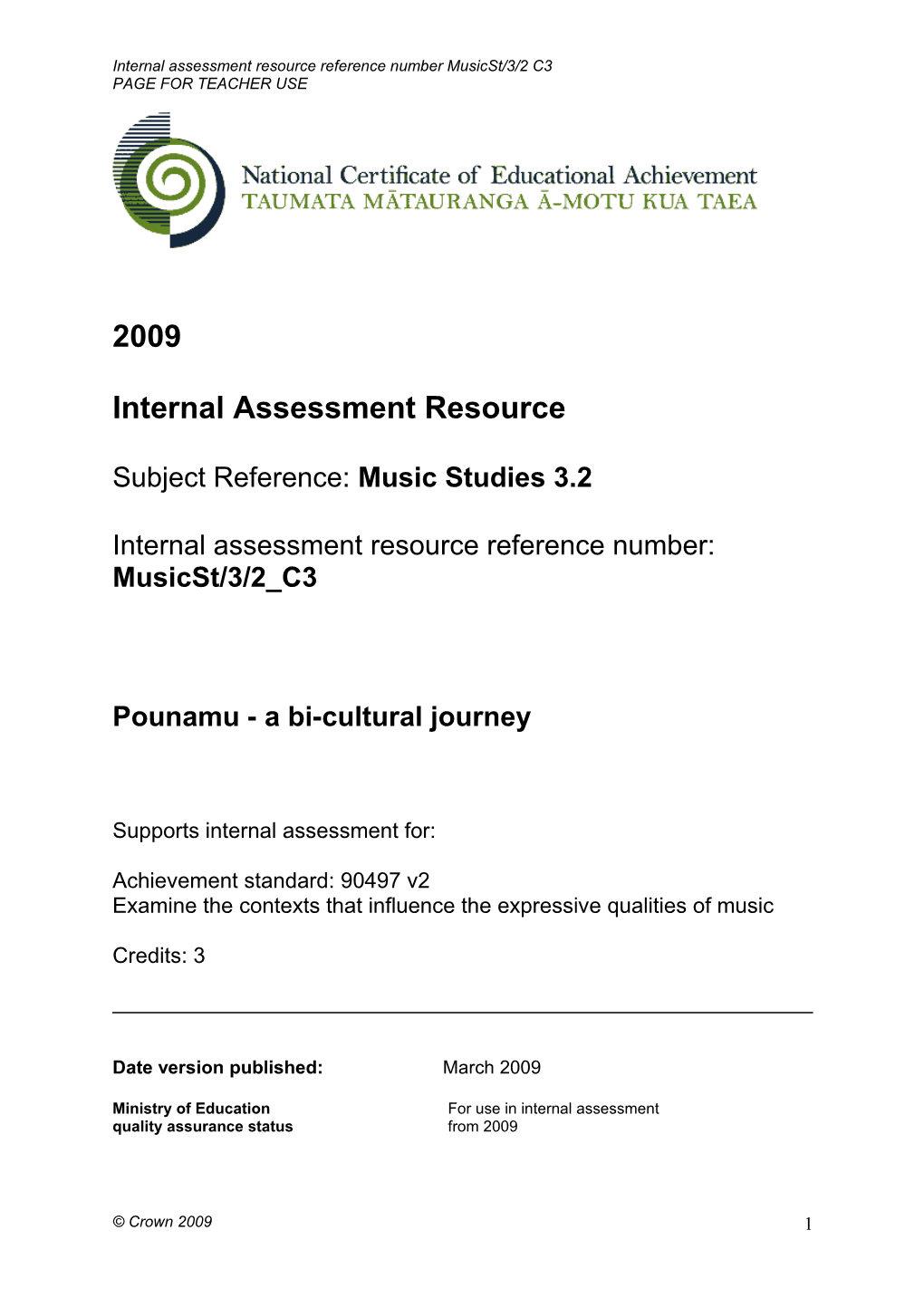 Achievement Standard, Music Studies 3