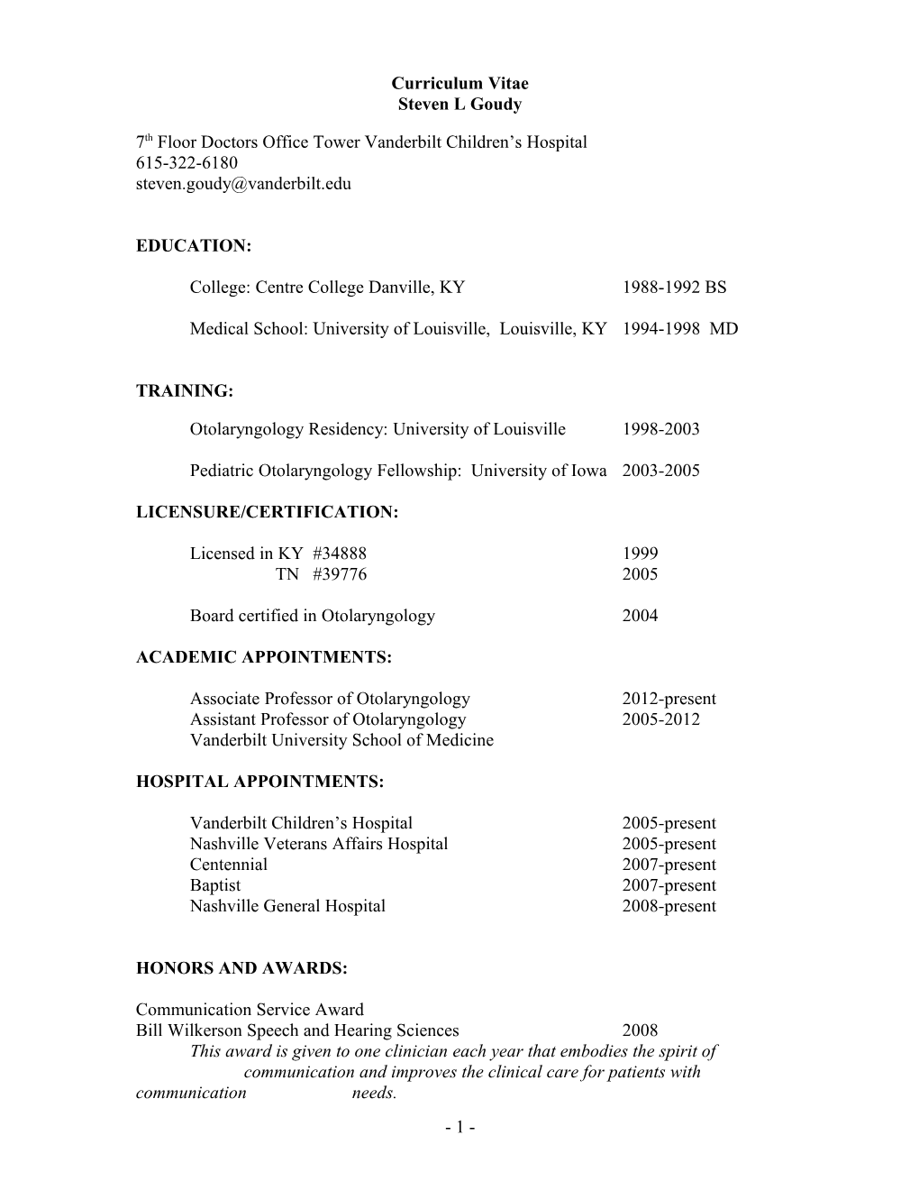 Structure for Curriculum Vitae