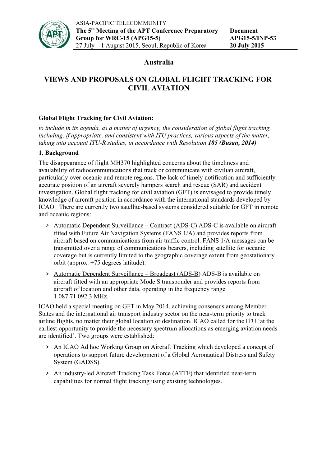 Global Flight Tracking for Civil Aviation