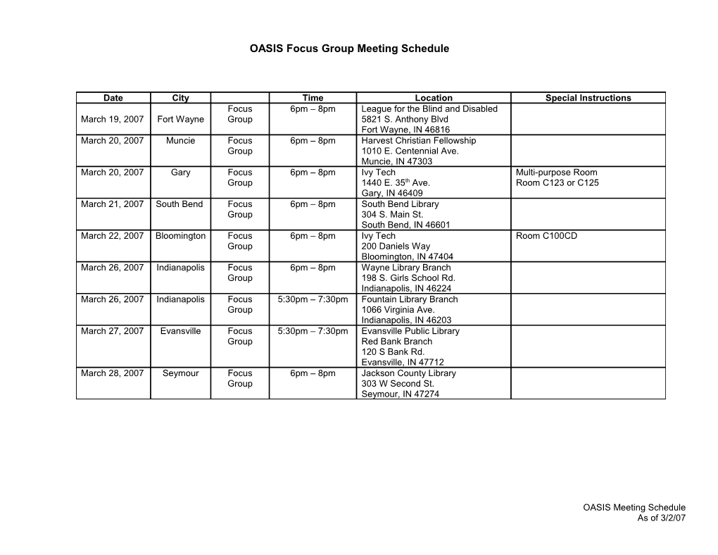 OASIS Focus Group Meeting Schedule