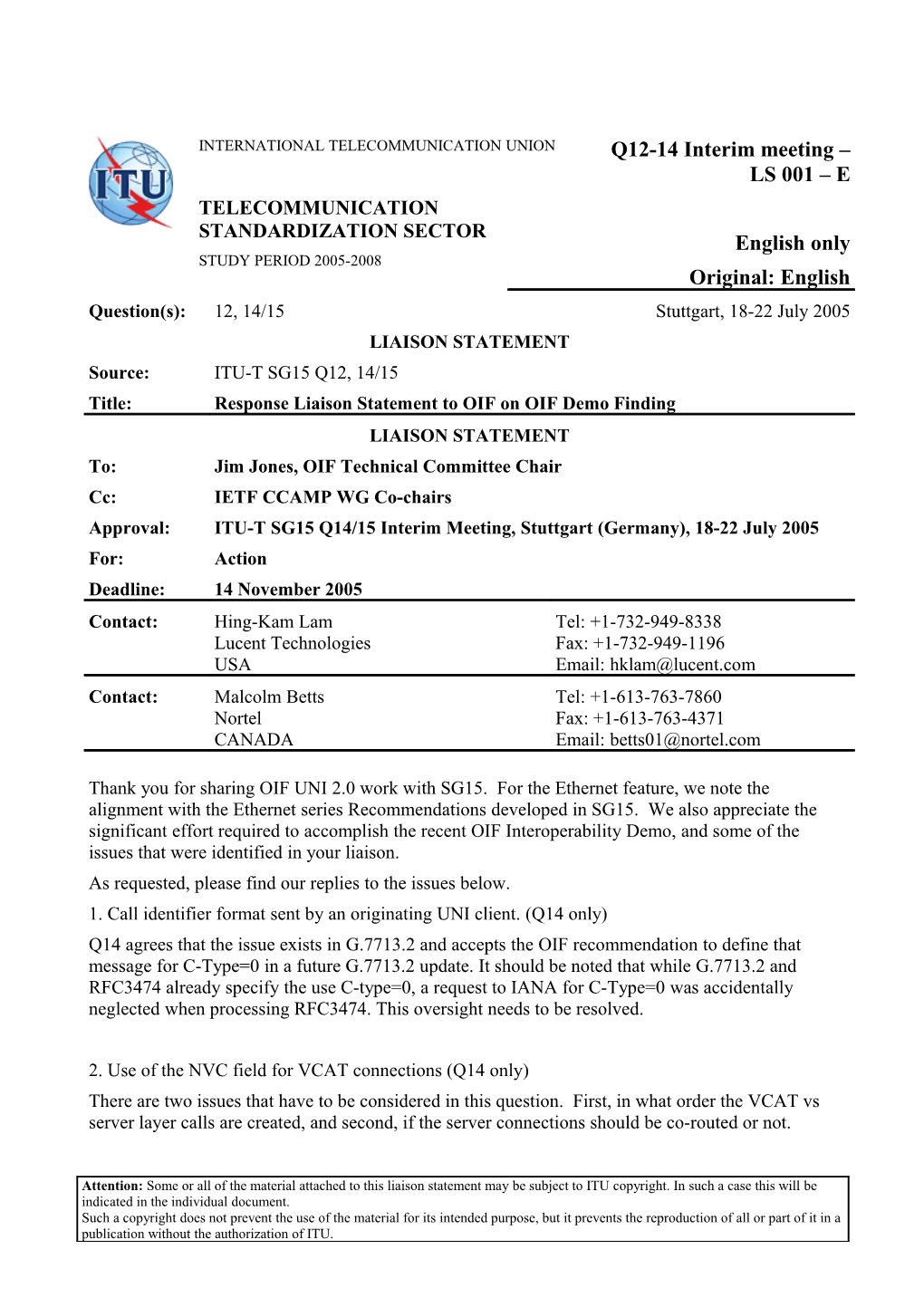 LIAISON STATEMENT: Liaison Statement to TMF MTNMCP on Control Plane Management