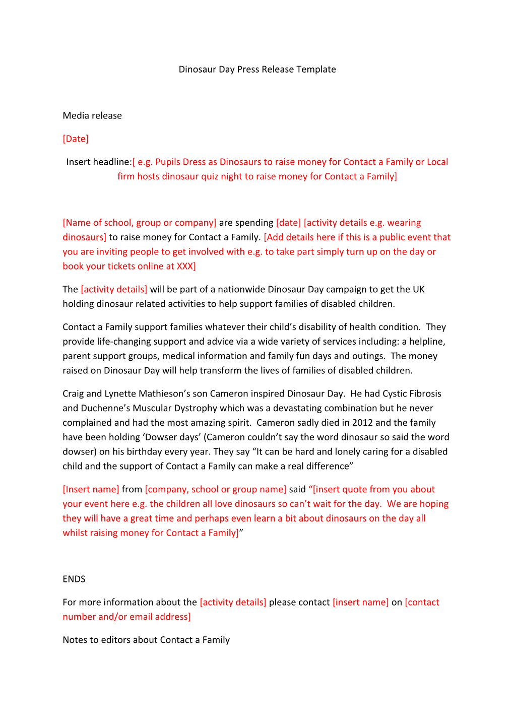Dinosaur Day Press Release Template