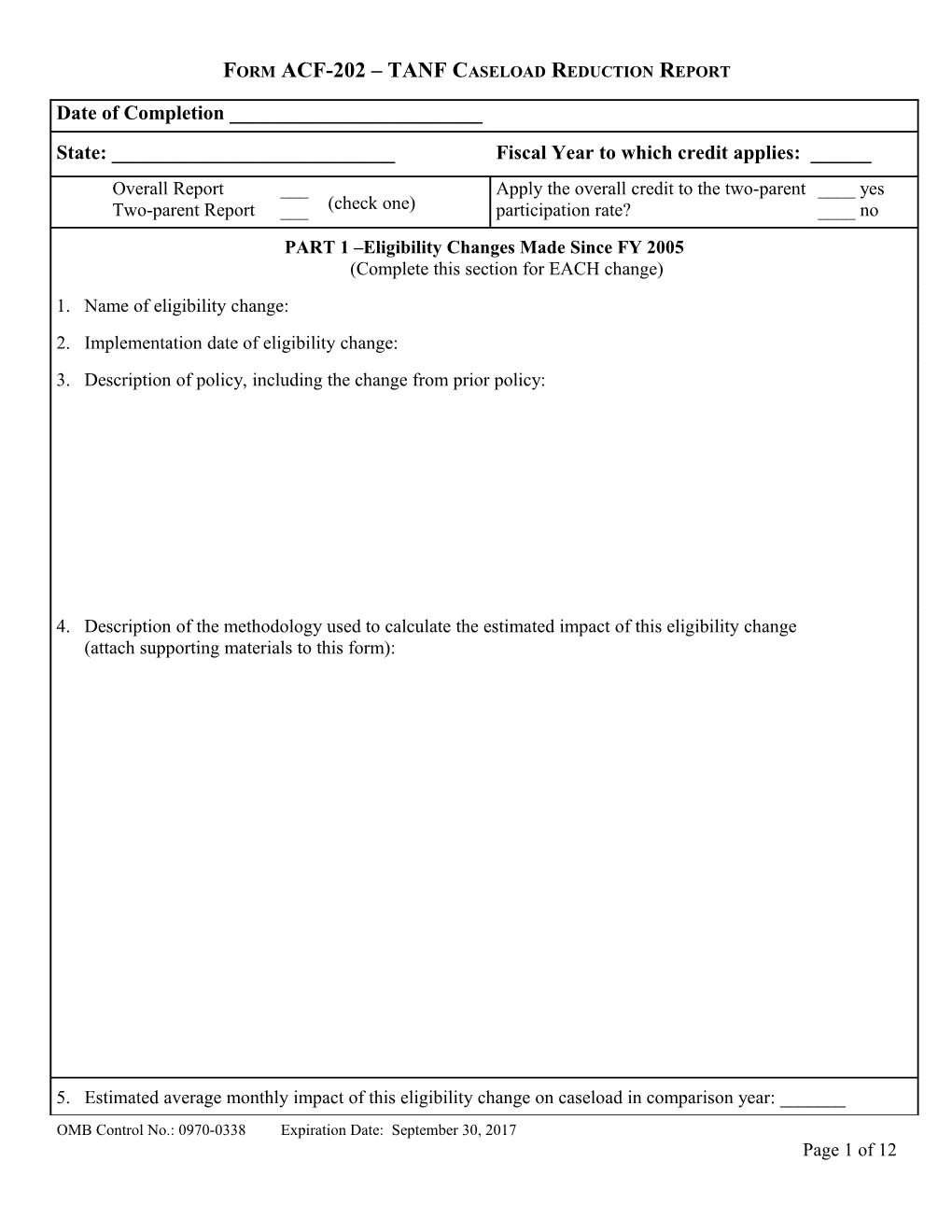 Form ACF-202 TANF Caseload Reduction Report