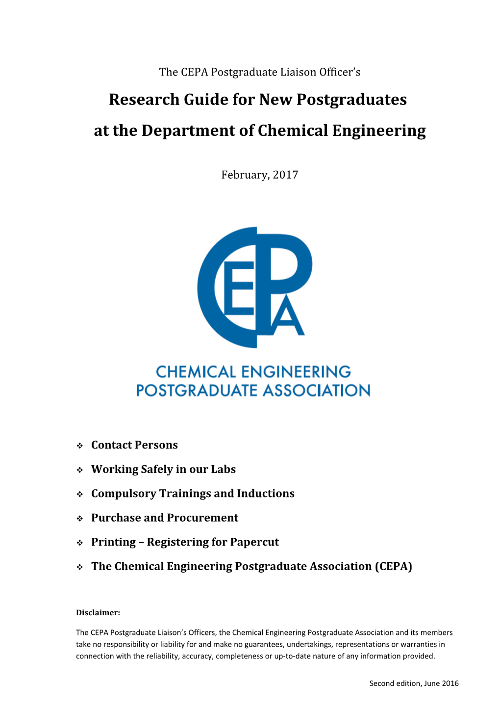 Important Information for New Postgraduates at the Department of Chemical Engineering
