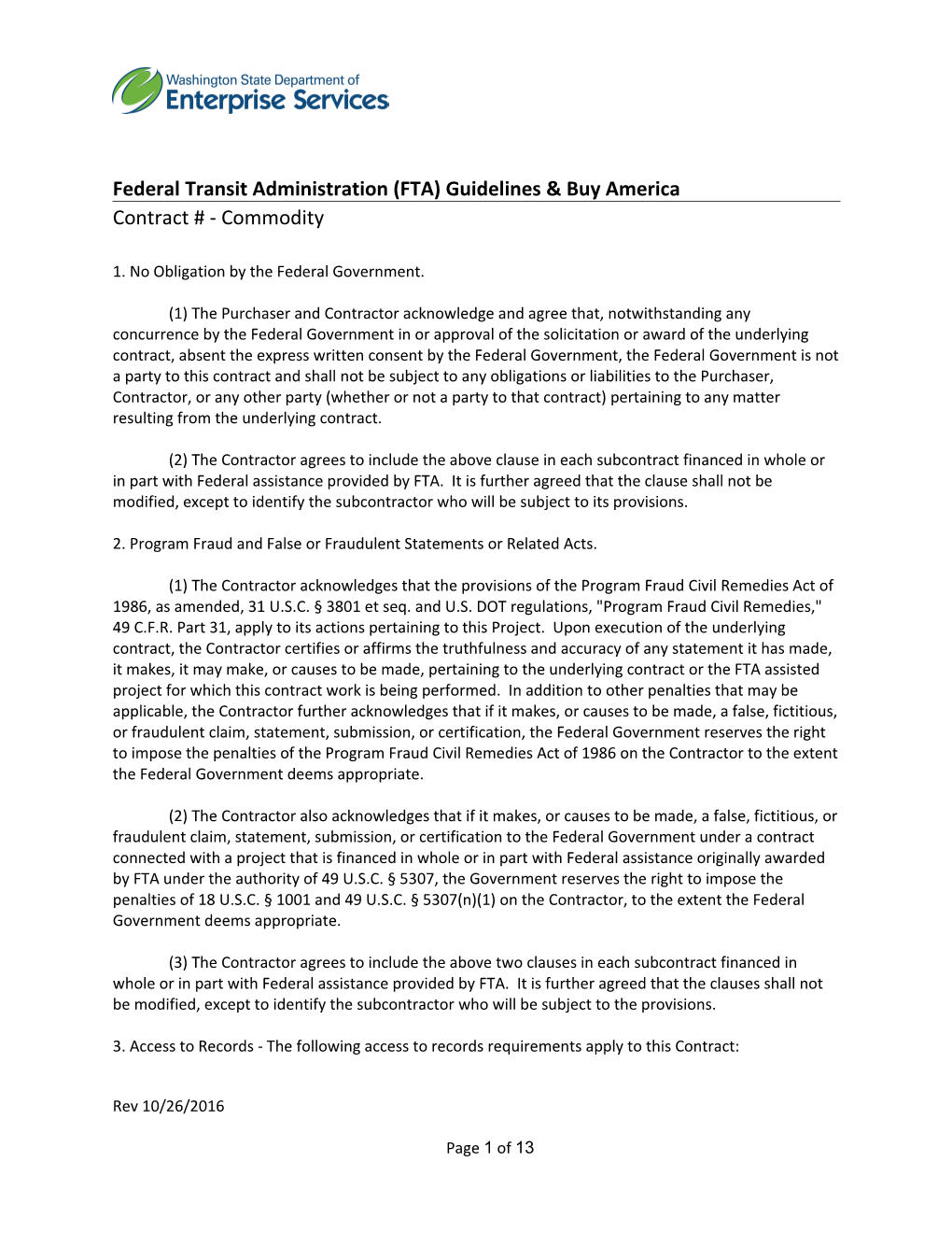 Federal Transit Administration (FTA) Guidelines & Buy America