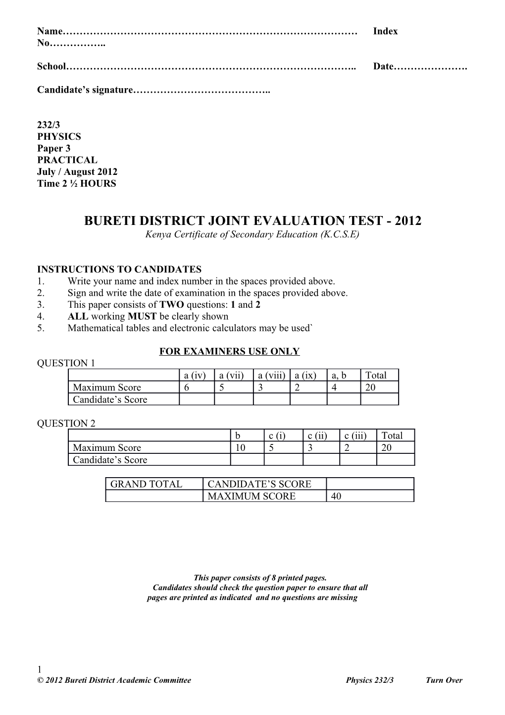 Bureti District Joint Evaluation Test - 2012