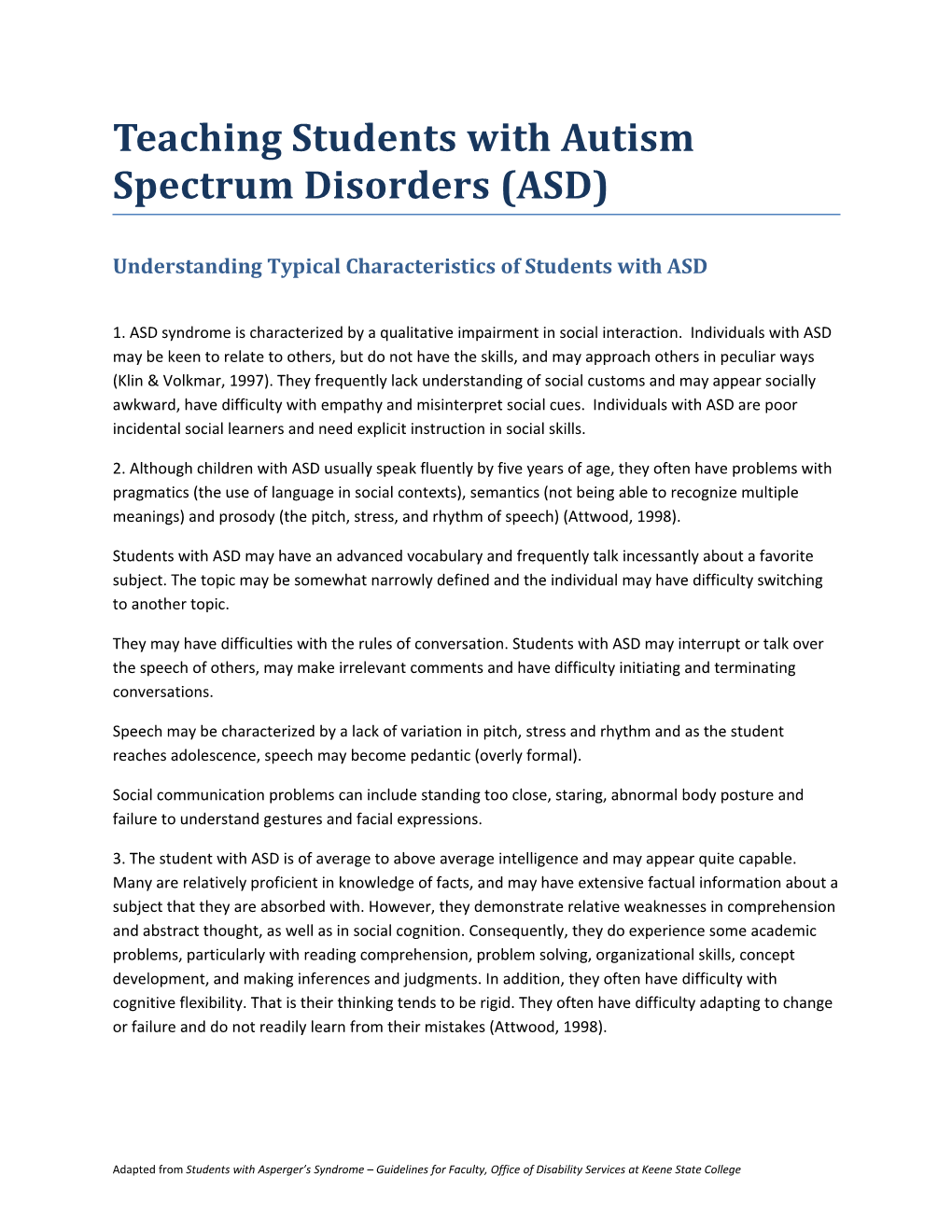 Teaching Students with Autism Spectrum Disorders (ASD)